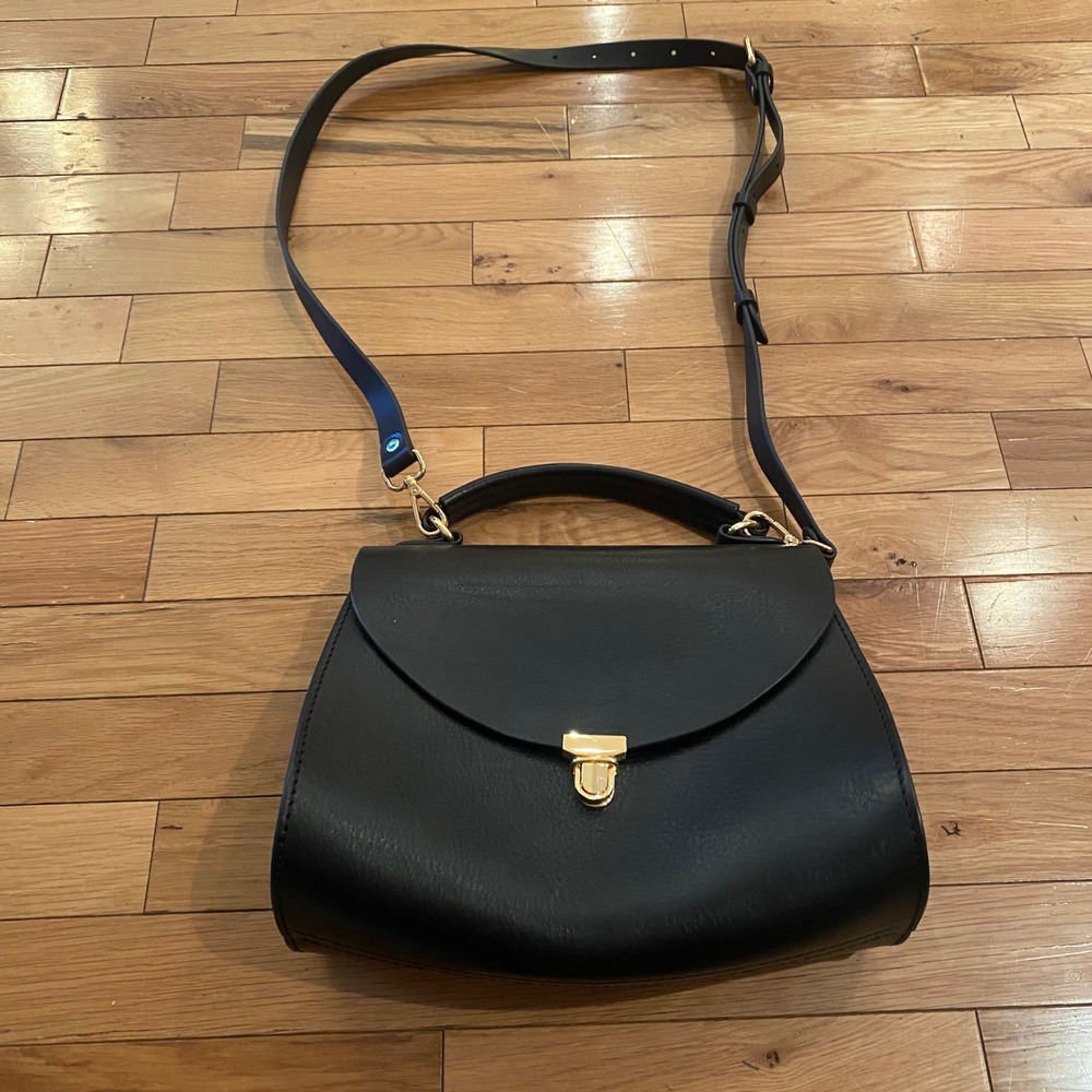 Sunray BLACK‎ Structured Top Handle Satchel Bag Gold Turn Lock Crossbody Strap
